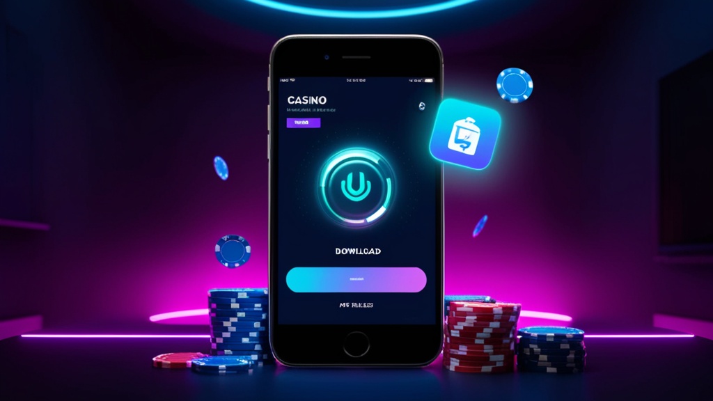 Android phone downloading an app file in a neon casino-themed scene