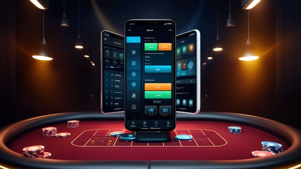 Mobile casino app interface shown on a smartphone with glowing menu elements