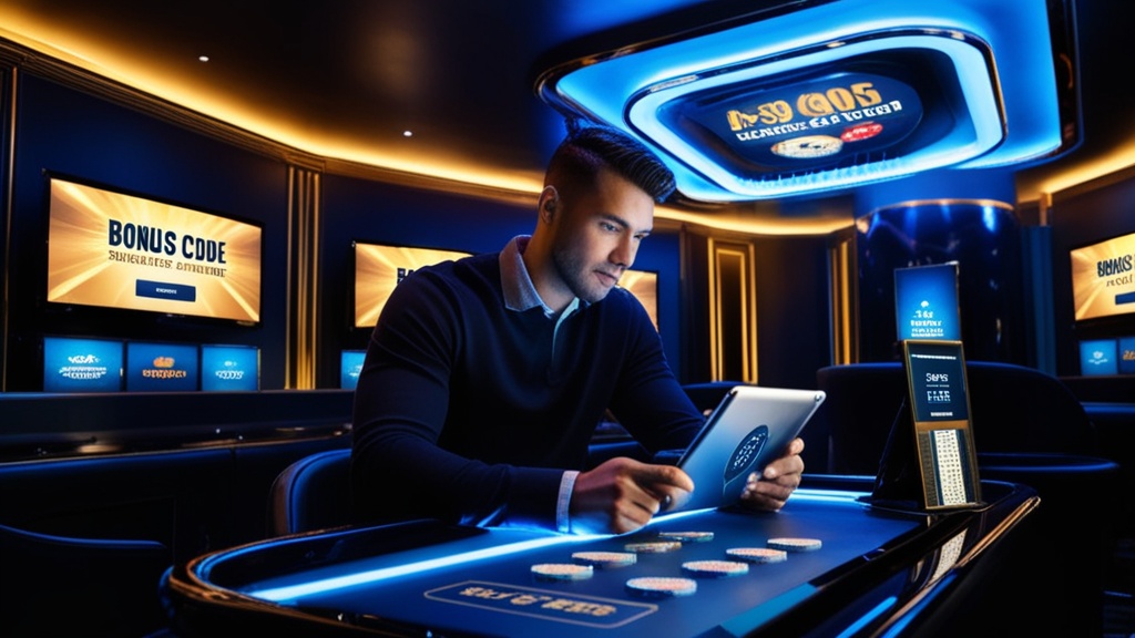 Player checking a promo code screen inside a dark casino setting