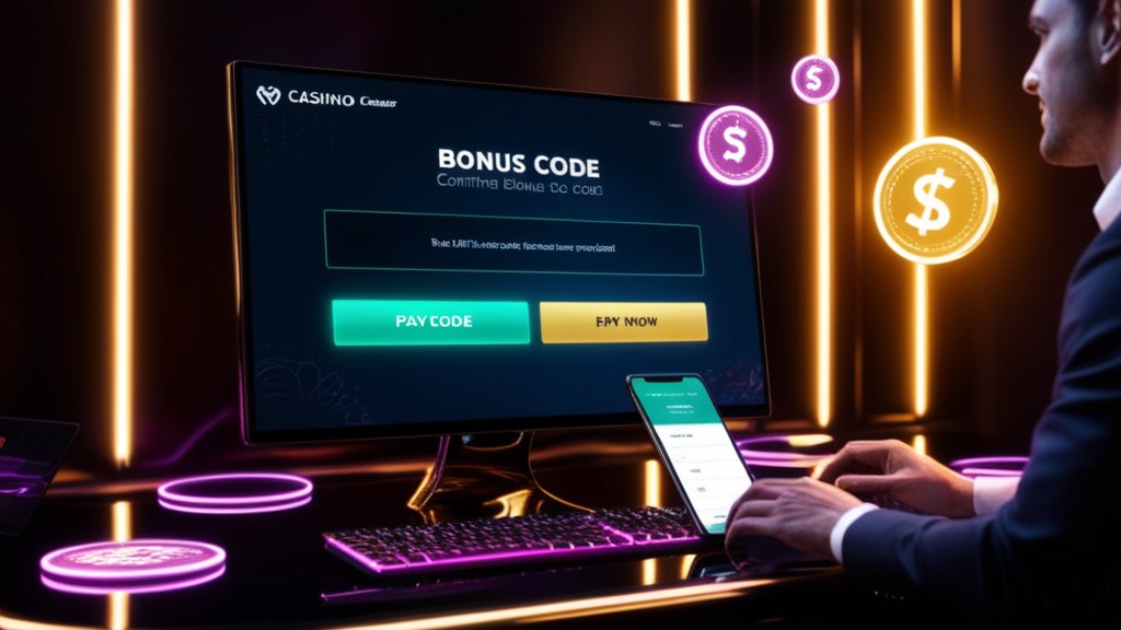 Digital cashier screen showing a bonus code field in a luxury casino scene
