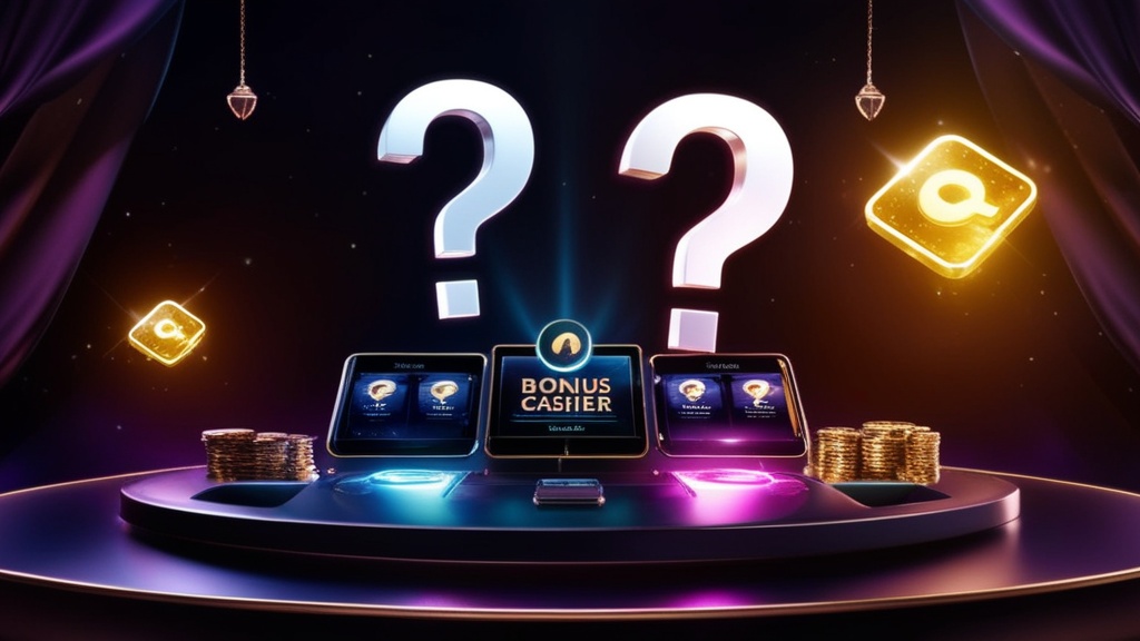 Casino bonus FAQ concept with glowing question marks and cashier screen