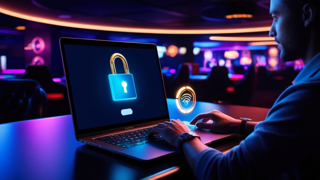 Biztonságos kaszinós bejelentkezési jelenet laptopkal, lakat ikonnal és neon játéklámpákkal